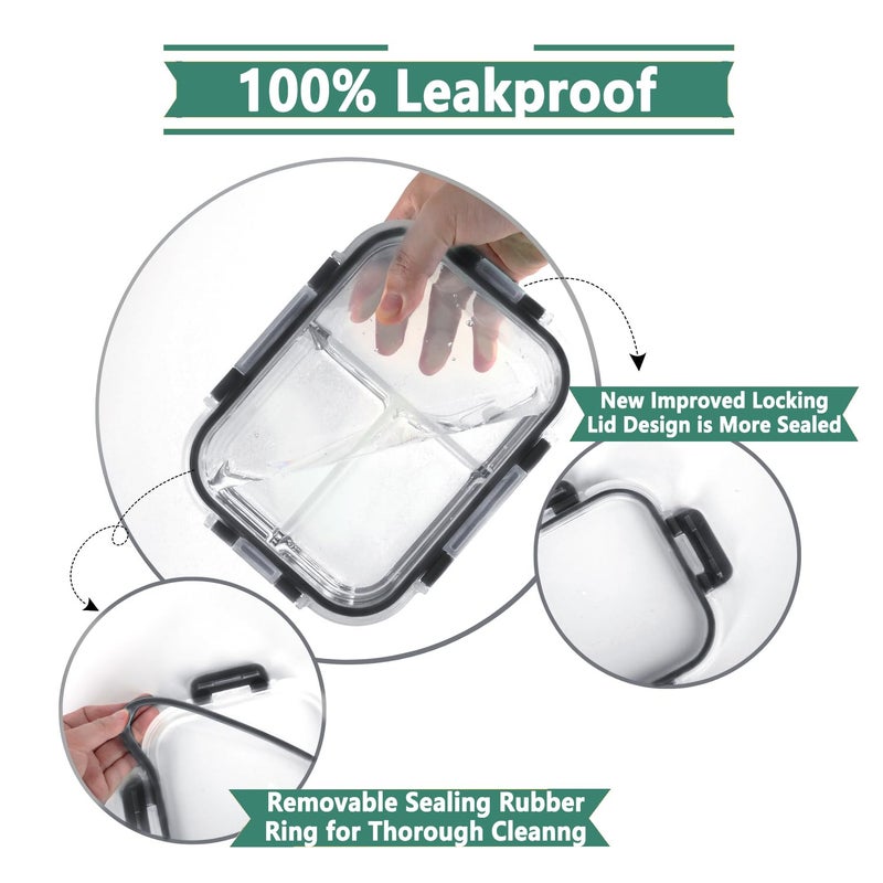 HOMBERKING 8 Pack Glass Meal Prep Containers 3 Compartment, 36oz Glass Food Storage Containers with Lids, Airtight Lunch Bento Boxes, BPA-Free & Leak Proof (8 lids & 8 Container) - Black - Image 3