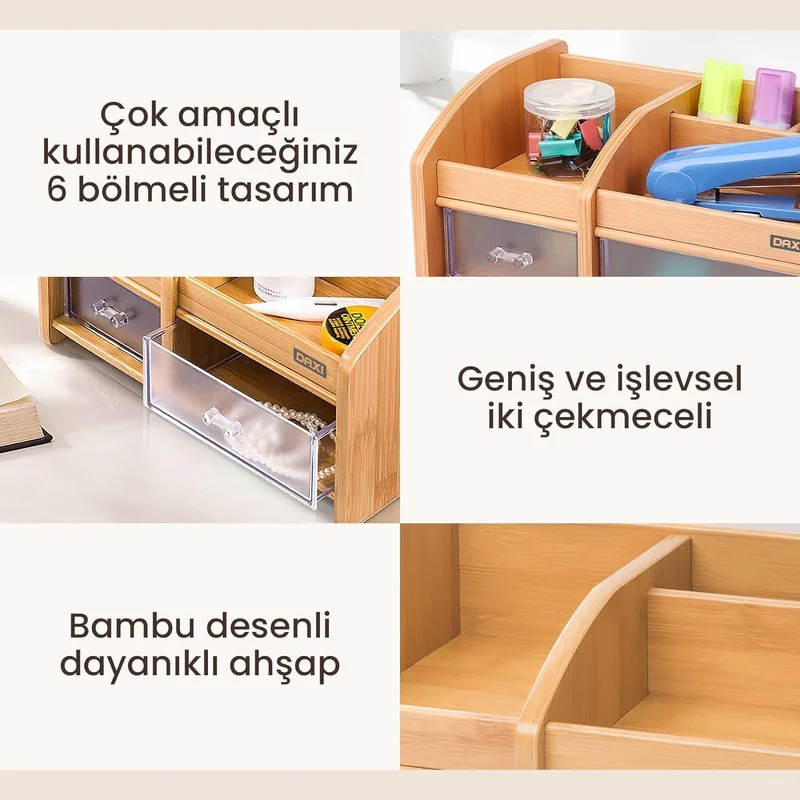 Hobi Market Art Hobby Market Art Bamboo Wooden Pen Holder Desktop Makeup Organizer with Drawers
