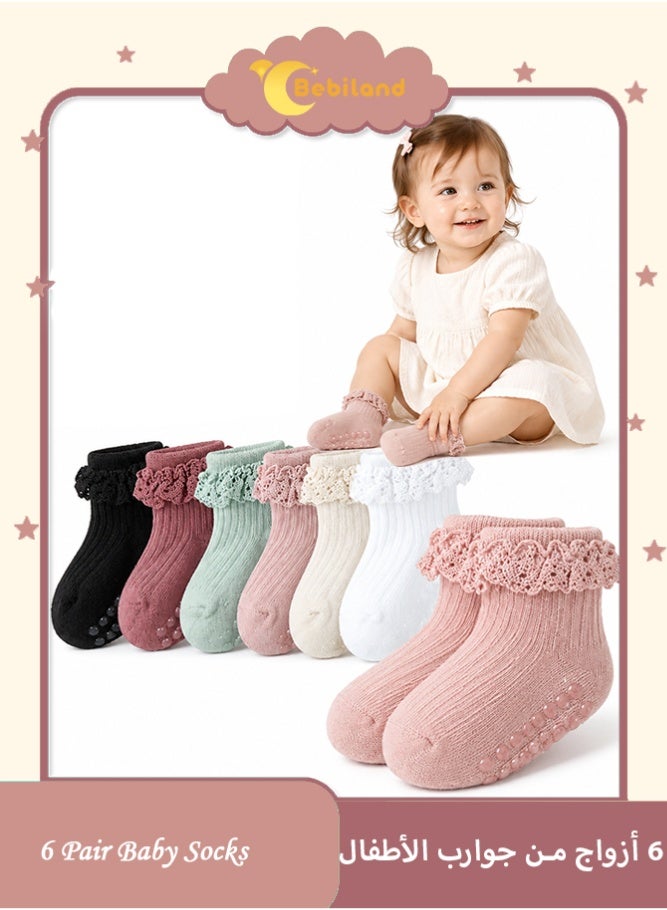 Bebiland 6 Pairs Baby Girl Socks, Solid Color Lace-Trimmed Princess Ankle Socks, Soft Cotton Non-Slip Grip Socks for Toddlers 0-6 Years - Image 1