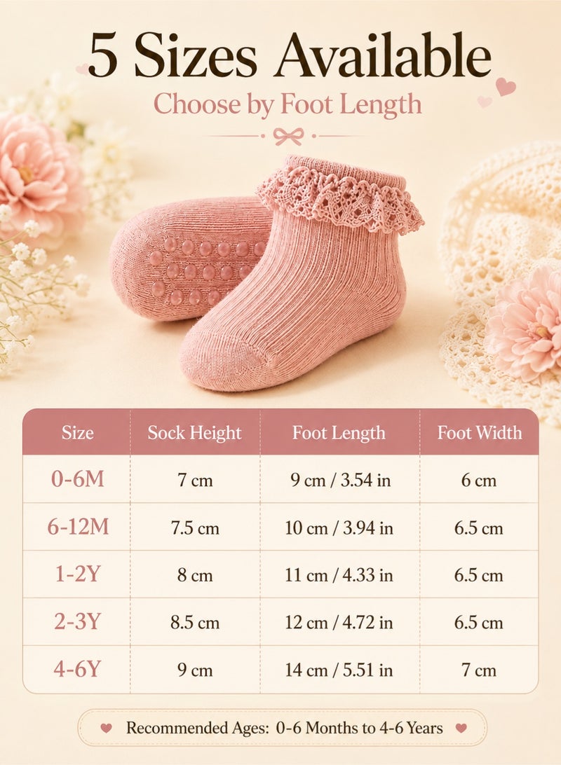 Bebiland 6 Pairs Baby Girl Socks, Solid Color Lace-Trimmed Princess Ankle Socks, Soft Cotton Non-Slip Grip Socks for Toddlers 0-6 Years - Image 2