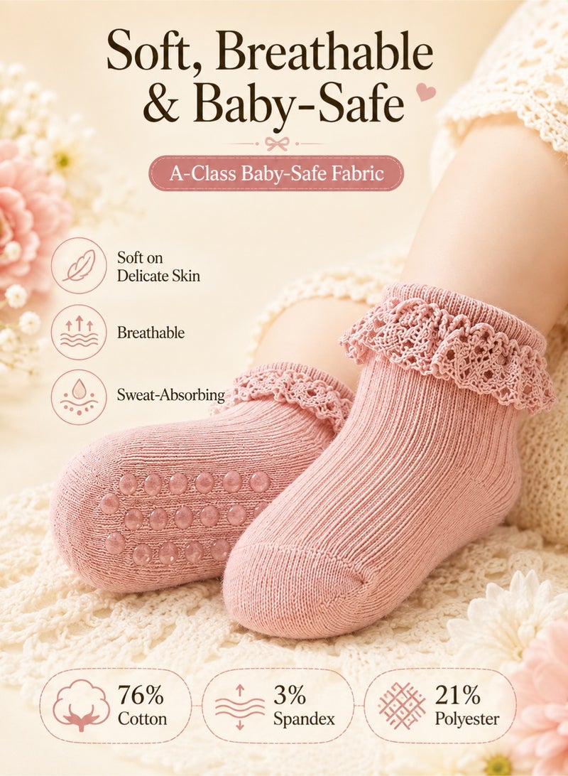 Bebiland 6 Pairs Baby Girl Socks, Solid Color Lace-Trimmed Princess Ankle Socks, Soft Cotton Non-Slip Grip Socks for Toddlers 0-6 Years - Image 3