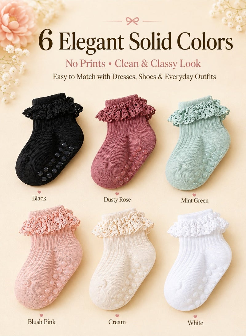 Bebiland 6 Pairs Baby Girl Socks, Solid Color Lace-Trimmed Princess Ankle Socks, Soft Cotton Non-Slip Grip Socks for Toddlers 0-6 Years - Image 5