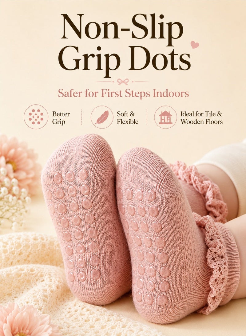 Bebiland 6 Pairs Baby Girl Socks, Solid Color Lace-Trimmed Princess Ankle Socks, Soft Cotton Non-Slip Grip Socks for Toddlers 0-6 Years - Image 4