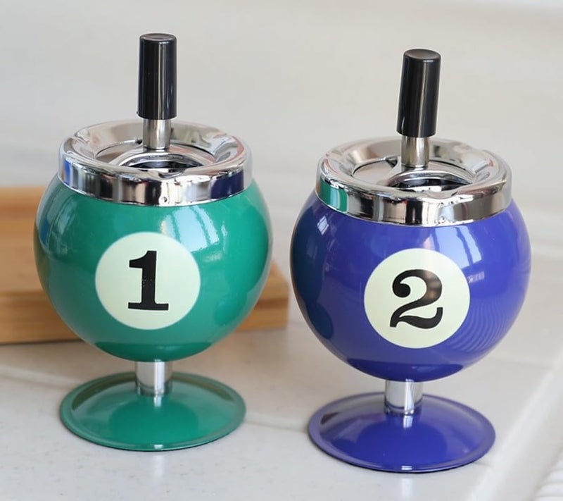 Blue Metal Billiard Shaped Ashtray With Lid To Prevent Flying Ash - Image 3