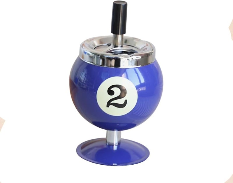 Blue Metal Billiard Shaped Ashtray With Lid To Prevent Flying Ash - Image 1