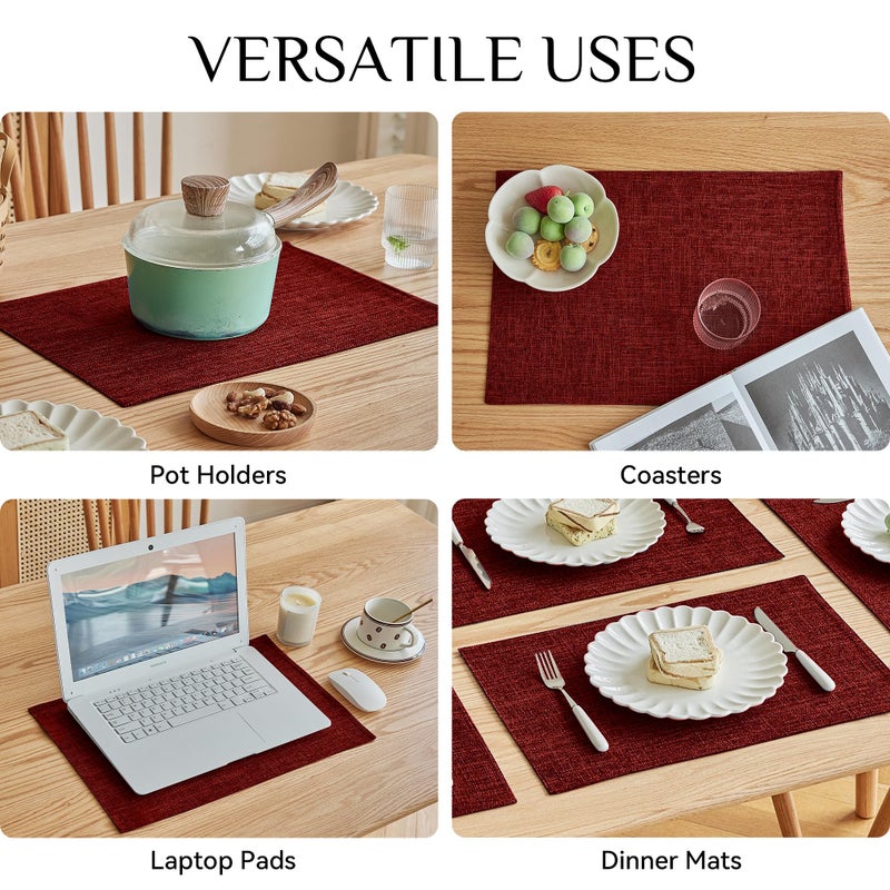Softalker Faux Linen Placemats Set of 4-12 x 18 Inch  Heat Resistant Double Layered Durable Burlap Farmhouse Place Mats  Non-Slip Washable Rustic Table Mats for Dining  Kitchen  Party(Red - Image 4