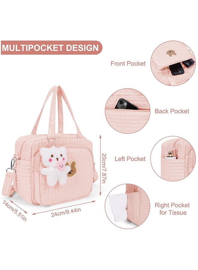 LCAREMOM Baby Diaper Bag, Diaper Tote Bag for Mom Dad, Stroller Storage Bag, Large Capacity Quilted Cotton Travel Baby Bag, Multifunction Infant Carriages Diaper Organizer Pouches, Handbag Embroidered Mommy Bag without Doll (Pink) - Image 3