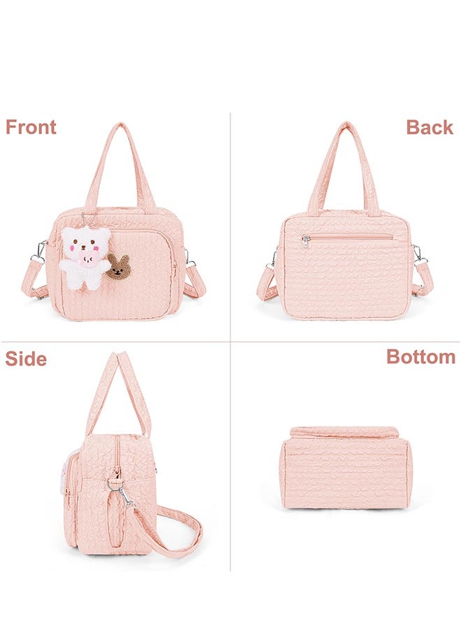 LCAREMOM Baby Diaper Bag, Diaper Tote Bag for Mom Dad, Stroller Storage Bag, Large Capacity Quilted Cotton Travel Baby Bag, Multifunction Infant Carriages Diaper Organizer Pouches, Handbag Embroidered Mommy Bag without Doll (Pink) - Image 4