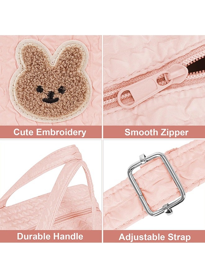LCAREMOM Baby Diaper Bag, Diaper Tote Bag for Mom Dad, Stroller Storage Bag, Large Capacity Quilted Cotton Travel Baby Bag, Multifunction Infant Carriages Diaper Organizer Pouches, Handbag Embroidered Mommy Bag without Doll (Pink) - Image 5