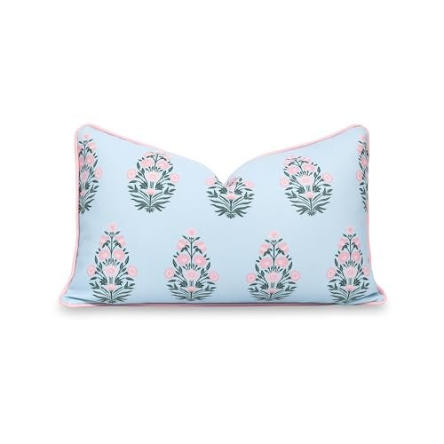 Hofdeco Premium Coastal Patio Indoor Outdoor Lumbar Pillow Cover Only 12x20 Water Repellent for Backyard Couch Baby Blue Blush Pink Floral with Piping - Image 1