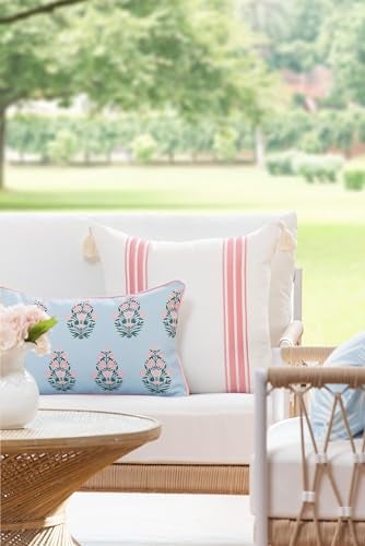 Hofdeco Premium Coastal Patio Indoor Outdoor Lumbar Pillow Cover Only 12x20 Water Repellent for Backyard Couch Baby Blue Blush Pink Floral with Piping - Image 3