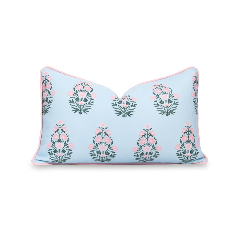 Hofdeco Premium Coastal Patio Indoor Outdoor Lumbar Pillow Cover Only 12x20 Water Repellent for Backyard Couch Baby Blue Blush Pink Floral with Piping - Image 2