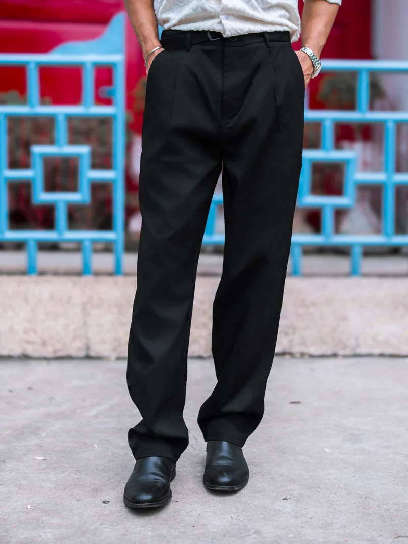 Maniac  Maniac Mens Solid Black Belted Cotton Blend Trouser for Men | Best Price UAE
