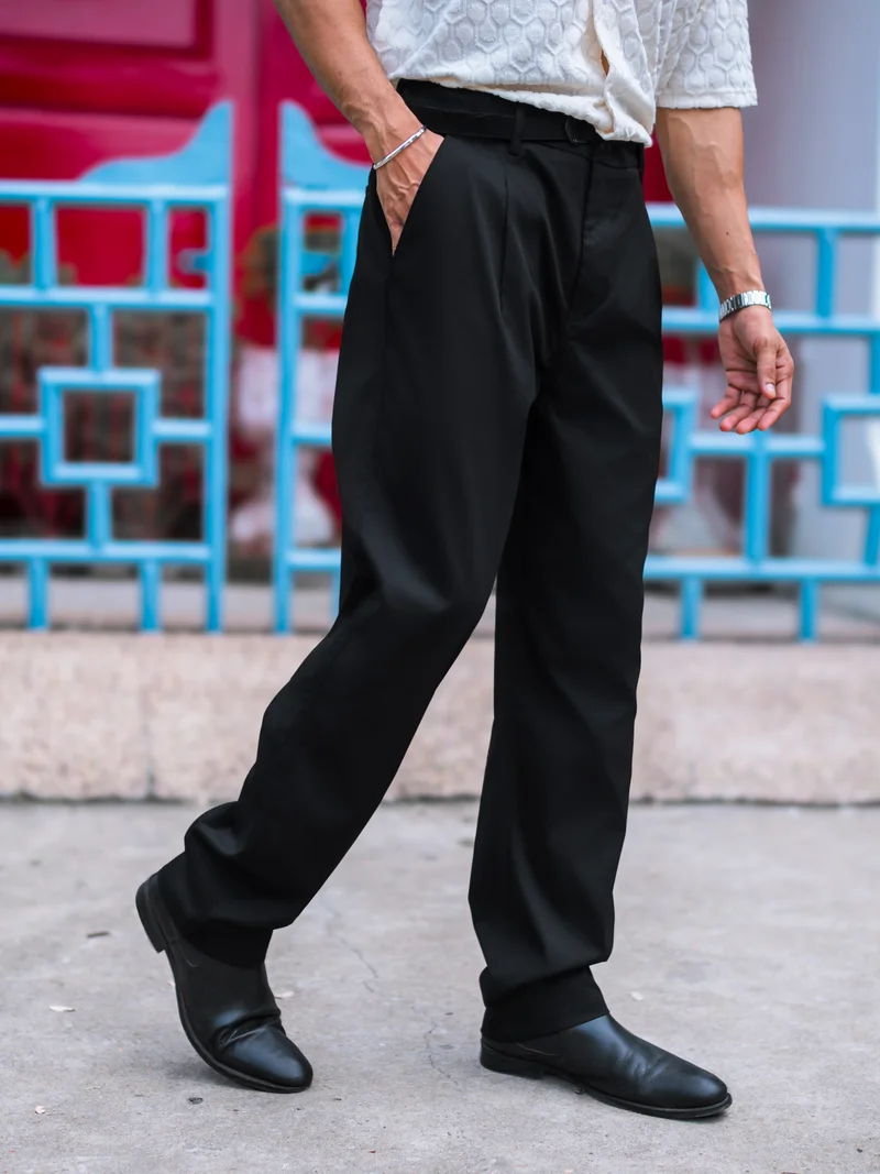 Maniac  Maniac Mens Solid Black Belted Cotton Blend Trouser for Men | Best Price UAE