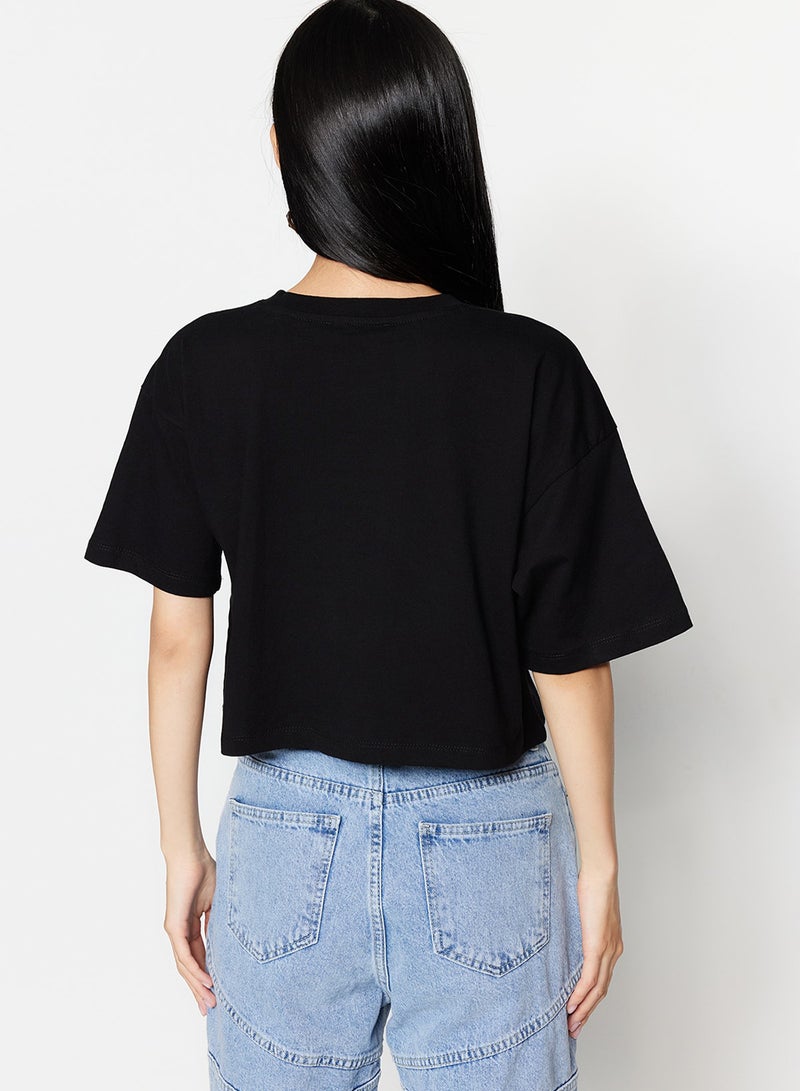 trendyol Black Relaxed/Casual Fit 100% Thick Cotton Cropped Knitted T-Shirt Twoss23Ts00038 - Image 5