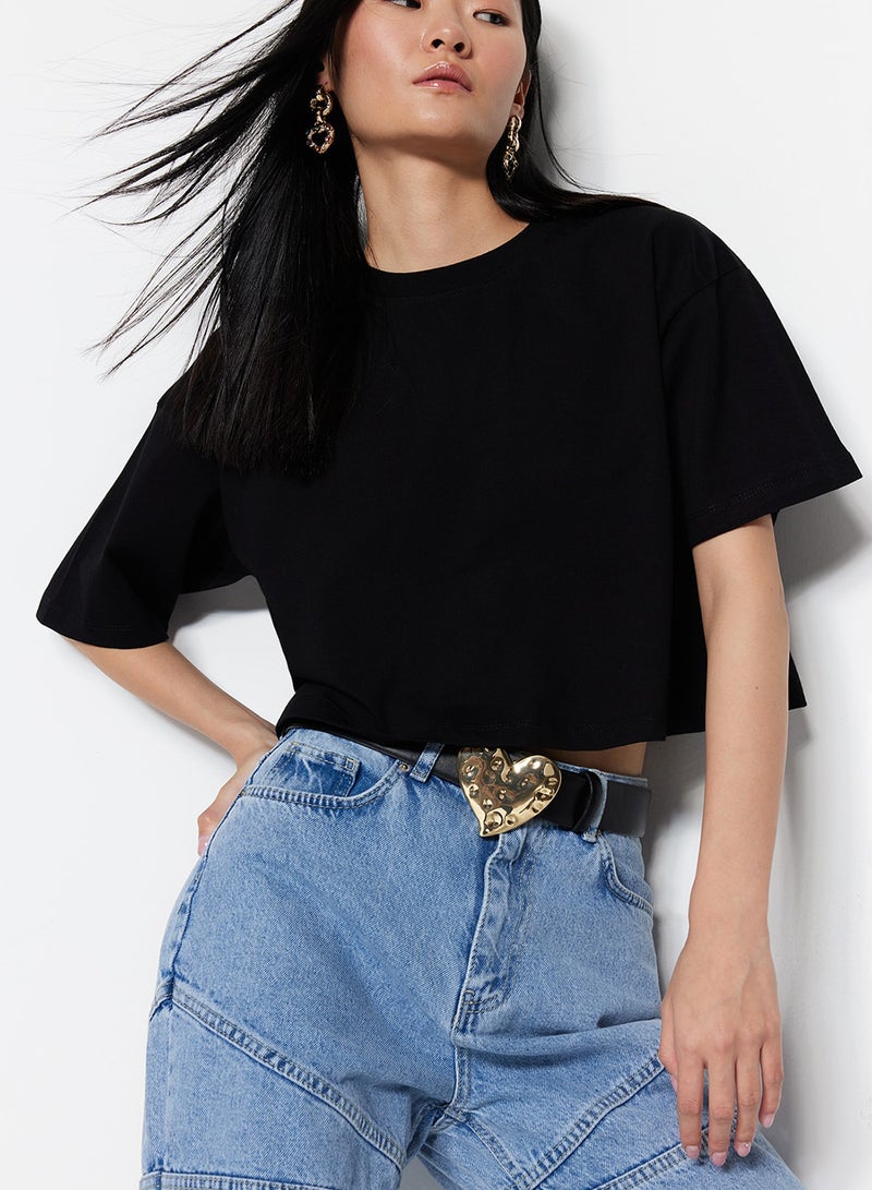 trendyol Black Relaxed/Casual Fit 100% Thick Cotton Cropped Knitted T-Shirt Twoss23Ts00038 - Image 1