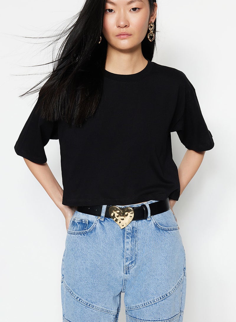 trendyol Black Relaxed/Casual Fit 100% Thick Cotton Cropped Knitted T-Shirt Twoss23Ts00038 - Image 3