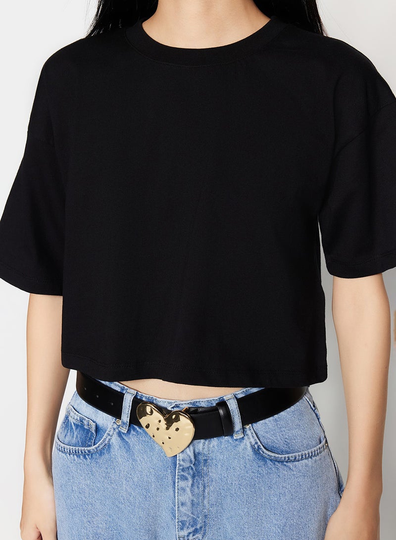 trendyol Black Relaxed/Casual Fit 100% Thick Cotton Cropped Knitted T-Shirt Twoss23Ts00038 - Image 4