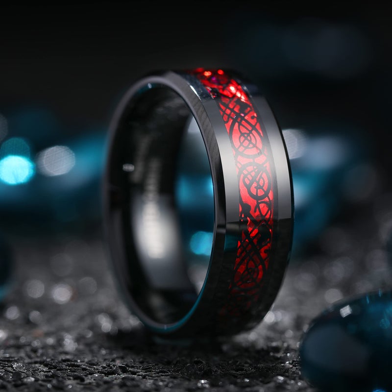 King Will Men's 8mm Red Carbon Fiber Black Celtic Dragon Tungsten Carbide Ring Comfort Fit Wedding Band (15) - Image 3