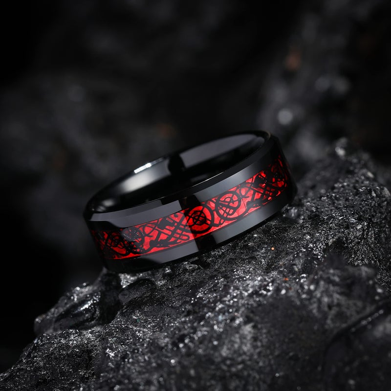 King Will Men's 8mm Red Carbon Fiber Black Celtic Dragon Tungsten Carbide Ring Comfort Fit Wedding Band (15) - Image 2