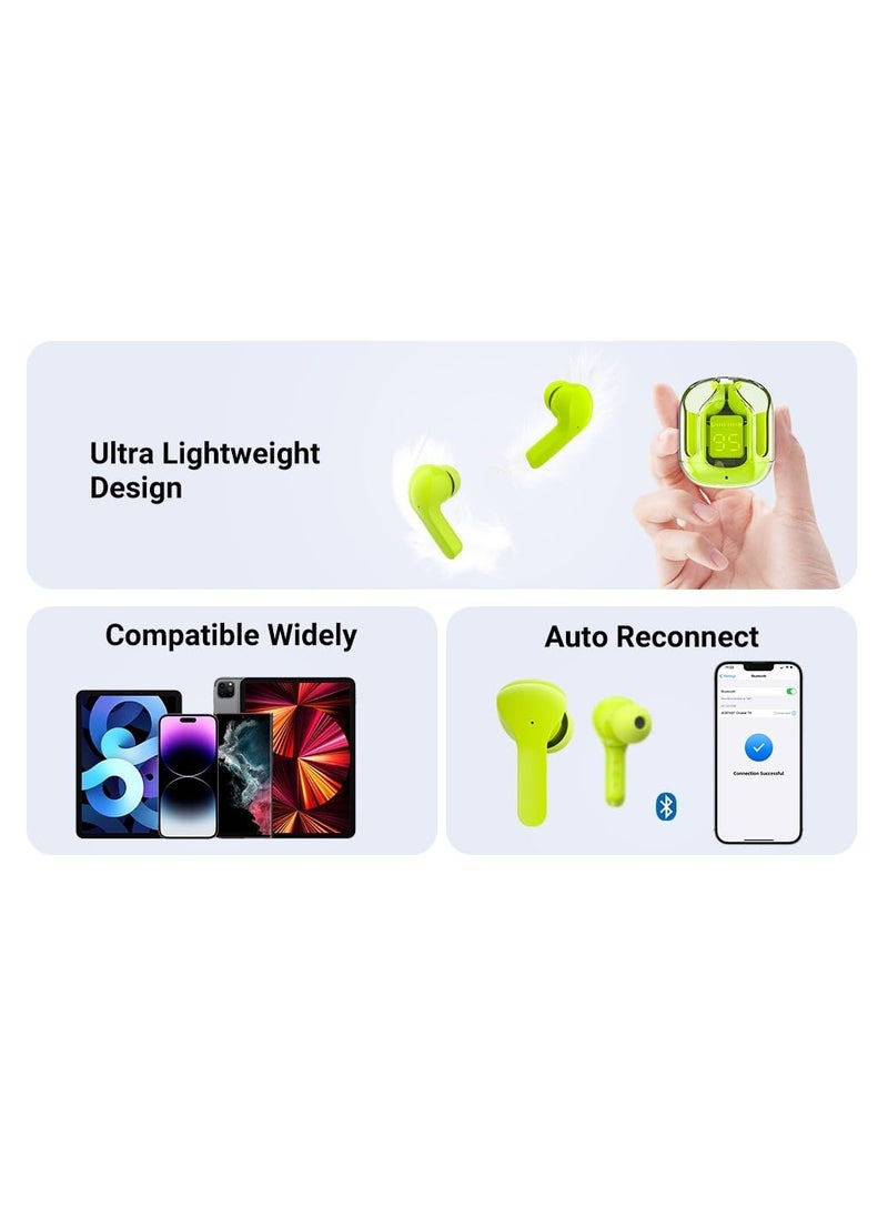Generic - TWS Wireless Bluetooth Earphones, Transparent Design with Digital Display to Know the Charging Level, High Definition Stereo Gaming Headphones with Built-in Mic, with Touch Control Technology for the Earphone - Green - Image 1