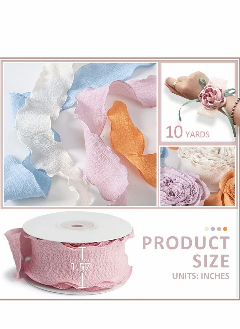 Excefore Chiffon Silk Ribbon Gauze 4 Rolls Cotton Texture Lotus Leaf Edge Ribbons Set for Wedding Invitations, Bridal Bouquets, Gifts Wrapping, DIY Crafts  - Image 2