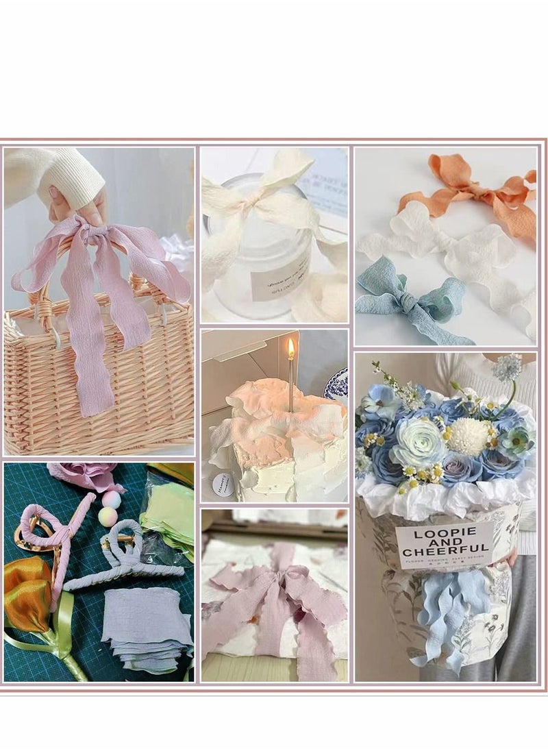 Excefore Chiffon Silk Ribbon Gauze 4 Rolls Cotton Texture Lotus Leaf Edge Ribbons Set for Wedding Invitations, Bridal Bouquets, Gifts Wrapping, DIY Crafts  - Image 4
