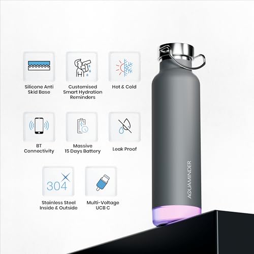 Aquaminder Smart Water Bottle | RGB LED Glow & Timer Hydration Reminder with BT Mobile Phone Connection, Thames with App 600 ML (Grey) - Image 3