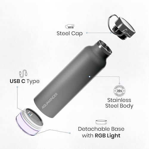 Aquaminder Smart Water Bottle | RGB LED Glow & Timer Hydration Reminder with BT Mobile Phone Connection, Thames with App 600 ML (Grey) - Image 4