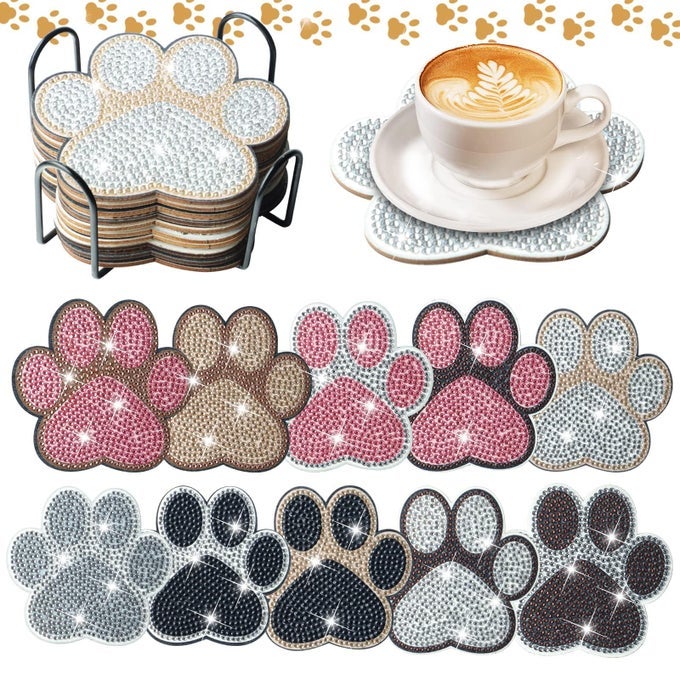 10 Pcs Dog Paw Shaped Diamond Painting Coasters Kits Cat Pet DIY with Holder for Beginners Adults and Kids Art Craft Supplies Gift