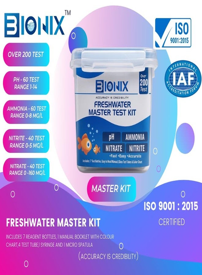 Bionix مجموعة اختبار المياه العذبة الرئيسية من BIONIX (200 اختبار) | مجموعة اختبار درجة الحموضة والأمونيا والنتريت والنترات لأحواض السمك. - Image 2