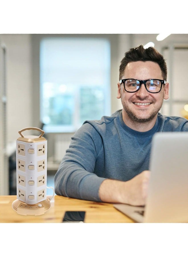 شريط طاقة عالمي، برج عمودي متعدد المقابس، واقي من زيادة التيار الكهربائي مع منافذ شحن متعددة المقابس USB، منظم مكتب، مناسب لأجهزة متعددة، هاتف محمول، ملحقات الكمبيوتر (ذهبي) - Image 4