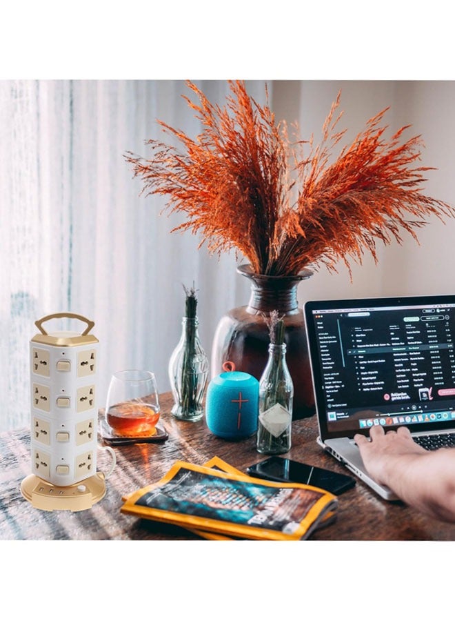 شريط طاقة عالمي، برج عمودي متعدد المقابس، واقي من زيادة التيار الكهربائي مع منافذ شحن متعددة المقابس USB، منظم مكتب، مناسب لأجهزة متعددة، هاتف محمول، ملحقات الكمبيوتر (ذهبي) - Image 5