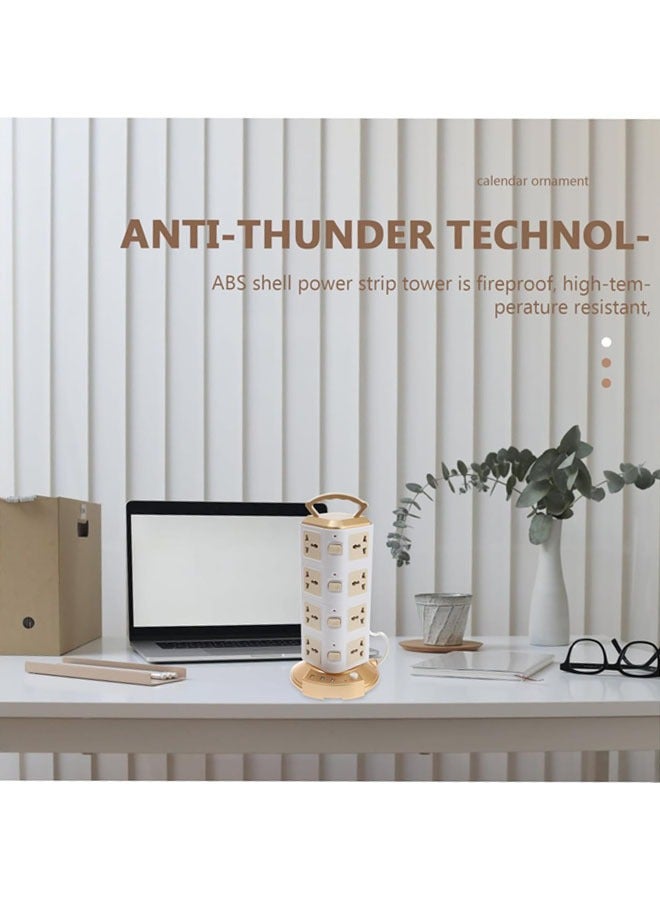 شريط طاقة عالمي، برج عمودي متعدد المقابس، واقي من زيادة التيار الكهربائي مع منافذ شحن متعددة المقابس USB، منظم مكتب، مناسب لأجهزة متعددة، هاتف محمول، ملحقات الكمبيوتر (ذهبي) - Image 2