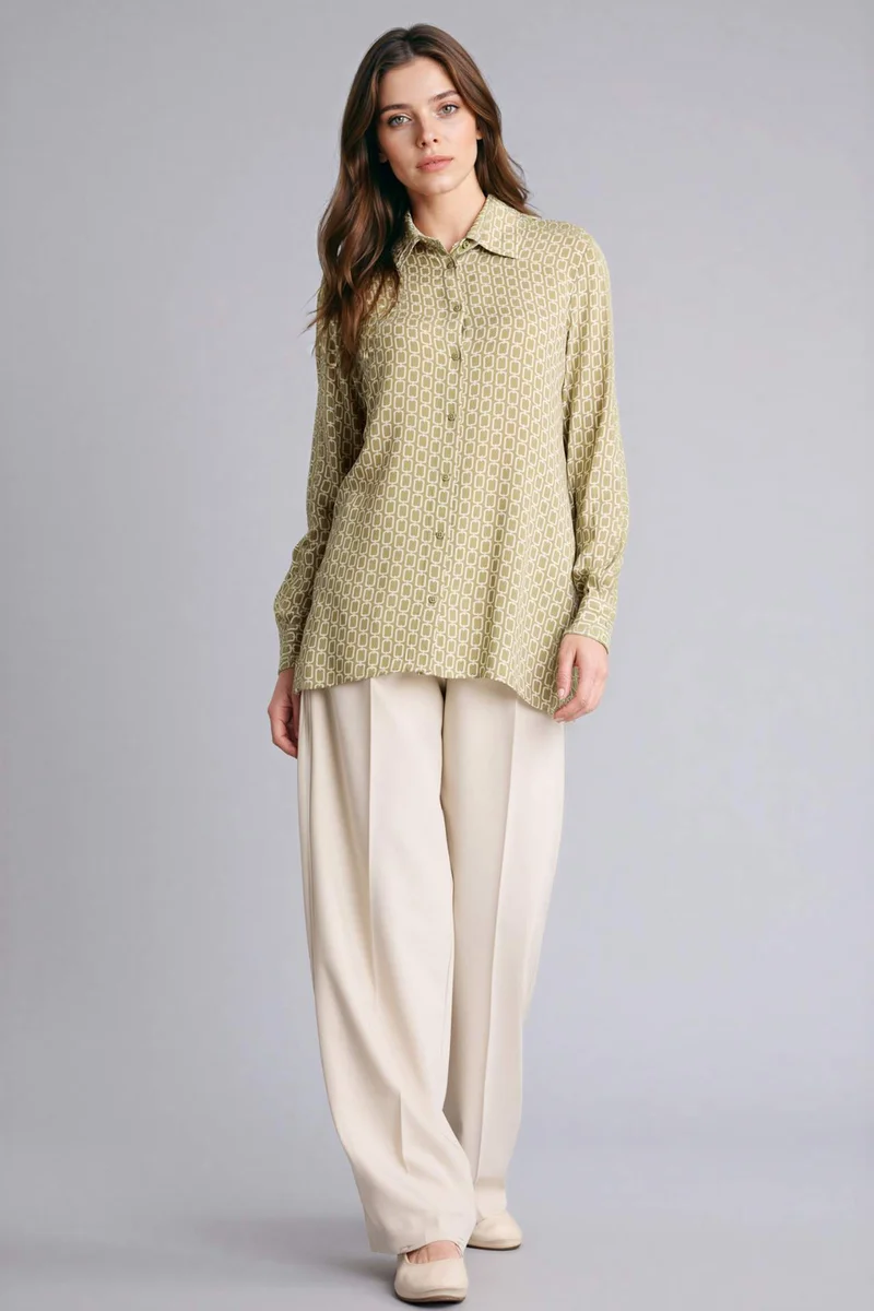 ديفاكتو Loose Fit Shirt Collar Printed Long Sleeve Tunic