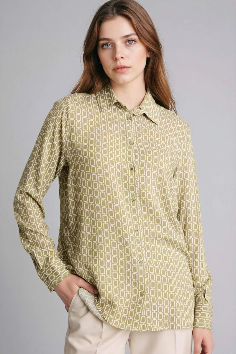ديفاكتو Loose Fit Shirt Collar Printed Long Sleeve Tunic
