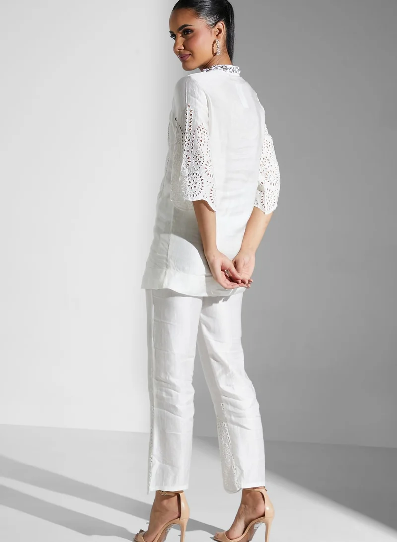 Threadz by Ajooni Schiffli Top And Pants Set