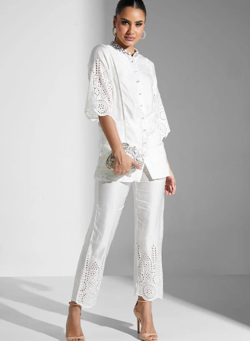 Threadz by Ajooni Schiffli Top And Pants Set