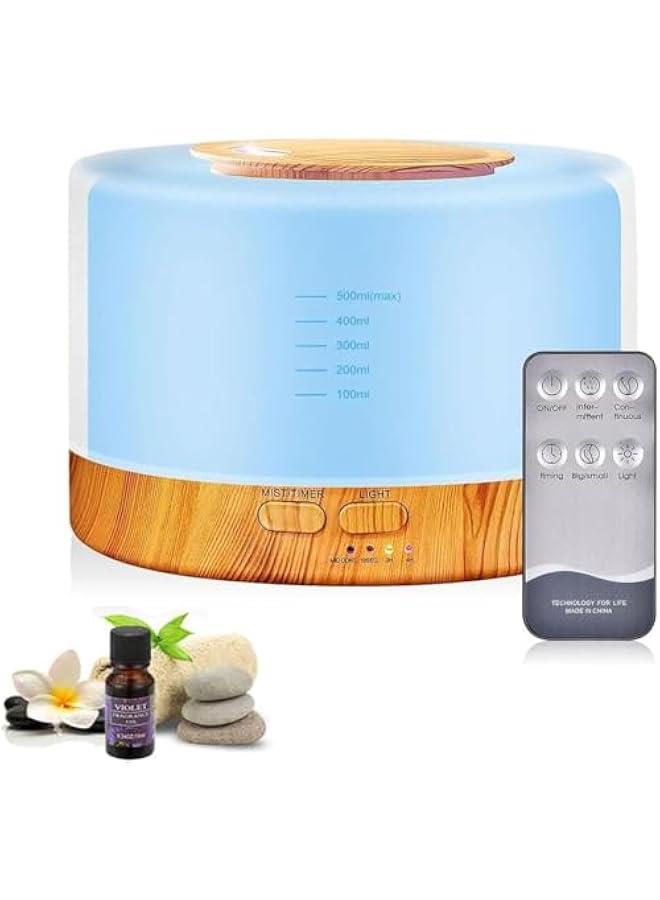 هوكور موزع زيوت عطرية بالموجات فوق الصوتية سعة 500 مل، موزع روائح عطرية مع 7 اضواء LED ملونة ومؤقت مع خاصية الاغلاق التلقائي عند نفاذ الماء وجهاز تحكم عن بعد (خشب فاتح) - Image 1
