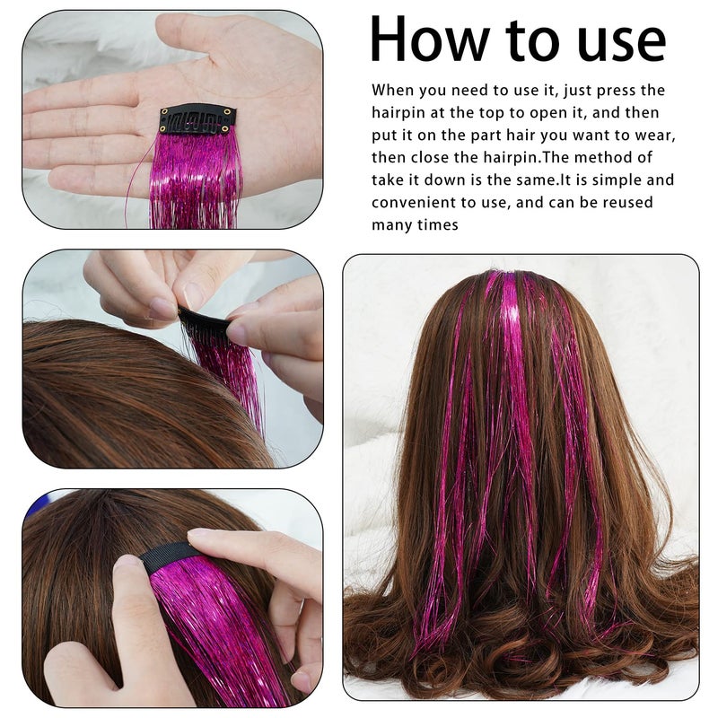 Edoneery 19.7 Inch Clip In Hair Tinsel Fairy Hair Tinsel Kit Clips Clip On Glitter Hair Tinsel Extensions (Rose) - Image 4