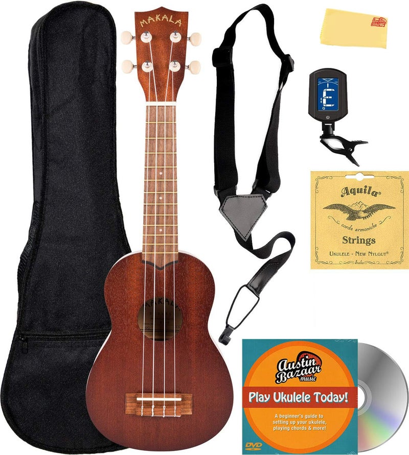 Kala MK-S Makala Soprano Ukulele Bundle with Gig Bag, Tuner, Strap, Aquila Strings, Online Lessons, Austin Bazaar Instructional DVD, and Polishing Cloth - Image 1
