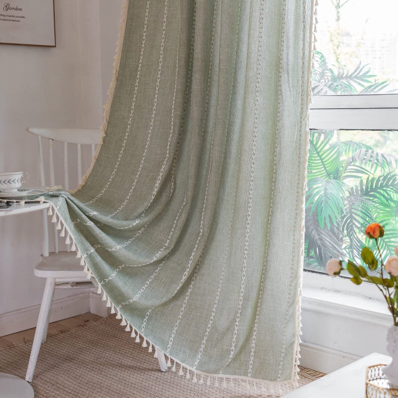 RoomTalks Sage Green Modern Farmhouse Textured Curtains for Bedroom Living Room 63 Inch Length Light Filtering French Country Boho Chic Tassel Window Curtain Panels Bohemian Draperies 63L x 52W