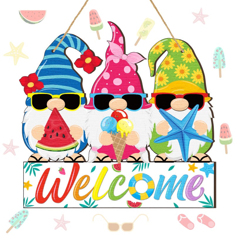 Panelee Summer Welcome Door Sign Wooden Hawaii Gnome Hanging Sign Truck Summer Gnome Door Hanger with Rope Colorful Hawaiian Hanging Decoration for Front Porch Home Decor