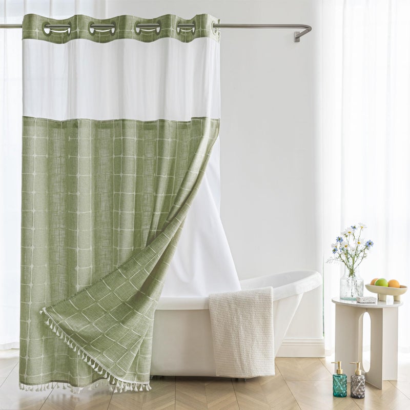 River Dream Sage Green Farmhouse Shower Curtain with Snapin Liner No Hooks Neededwith Window with Magnetswith TasselsWater RepellentMachine Washable71x74Inch