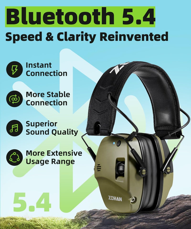 ZOHAN 035 Bluetooth 5.4 Shooting Ear Protection Earmuffs with Active Noise Canceling & Sound Amplification, NRR 22dB for Shooting Range & Hunting (Green) - Image 3