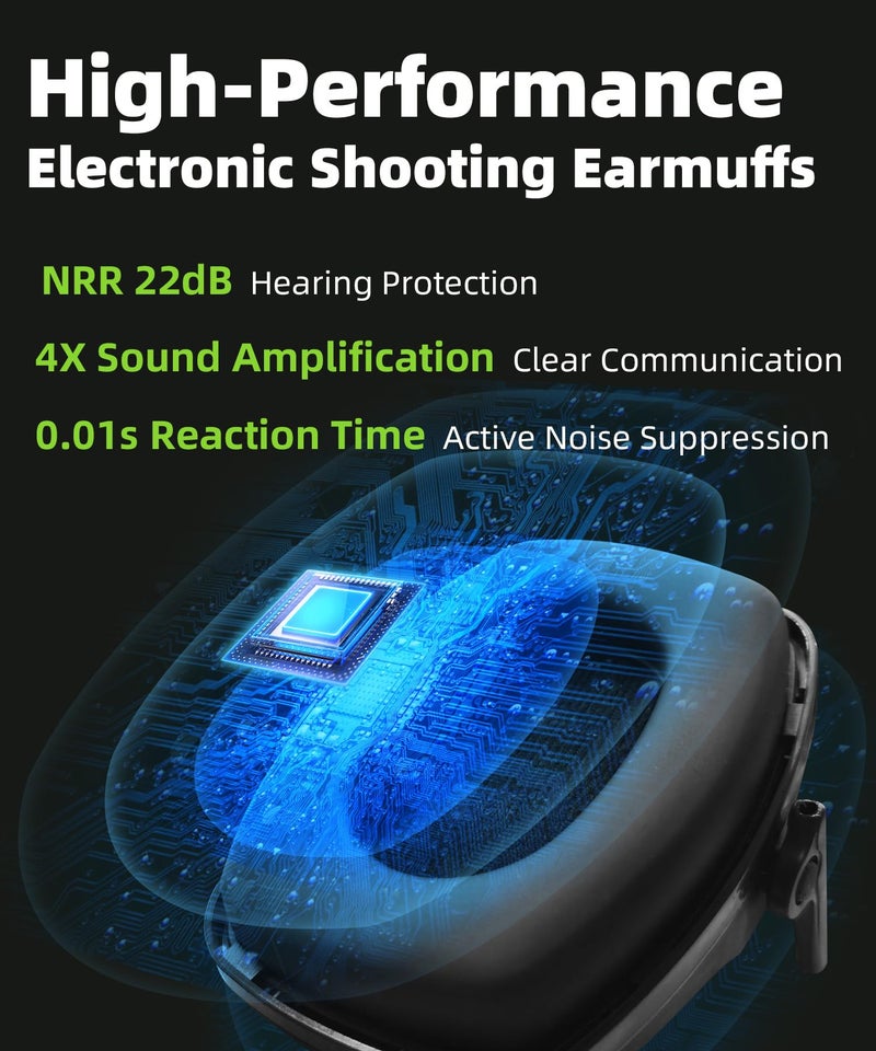 ZOHAN 035 Bluetooth 5.4 Shooting Ear Protection Earmuffs with Active Noise Canceling & Sound Amplification, NRR 22dB for Shooting Range & Hunting (Green) - Image 4
