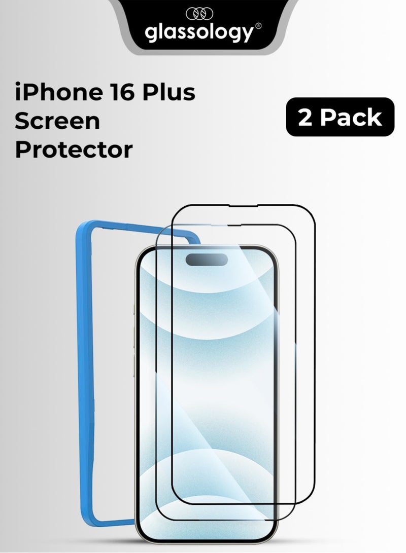 glassology حماية شاشة 2Pack لجهاز iPhone 16 Plus 6.9"  9H+ زجاج مقسى غير قابل للكسر عالي الوضوح سهل التركيب تغطية كاملة وصديق للحافظة يتضمن إطار التركيب - Image 1