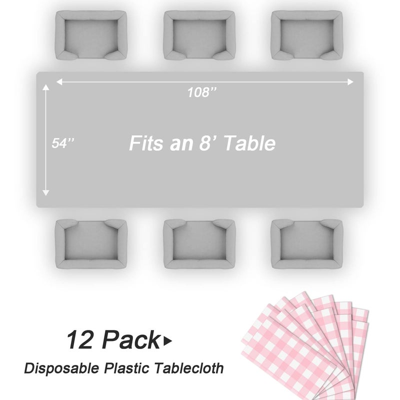 QIKSION 12 Pack Pink Gingham Tablecloth Pink Plaid Disposable Checkered Tablecloth  Rectangle Waterproof Plastic Table Cloths for Outdoor Picnic  Birthday  Party  Baby Shower(54 ? 108 Inch) - Image 5
