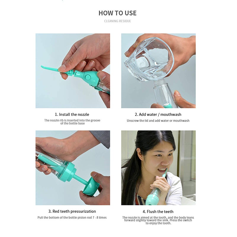 YAS Cordless Water Dental Flosser Non-Electric Portable, Manual Air Pressure Simple Operation, Bottle Strengthening Dental Oral Irrigator for Home & Travel, Green. - Image 5