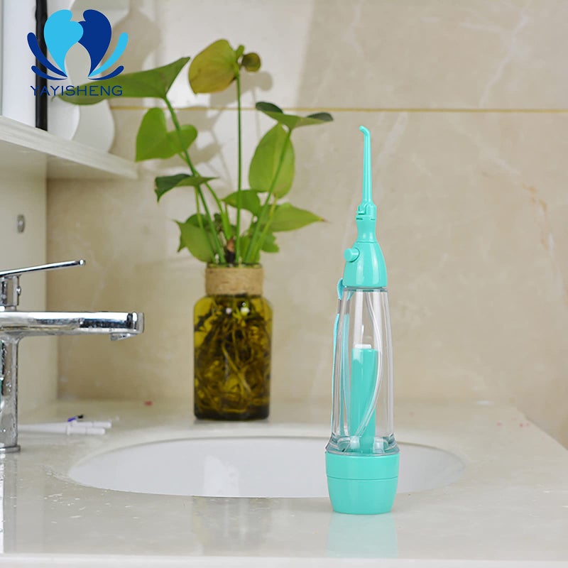 YAS Cordless Water Dental Flosser Non-Electric Portable, Manual Air Pressure Simple Operation, Bottle Strengthening Dental Oral Irrigator for Home & Travel, Green. - Image 2